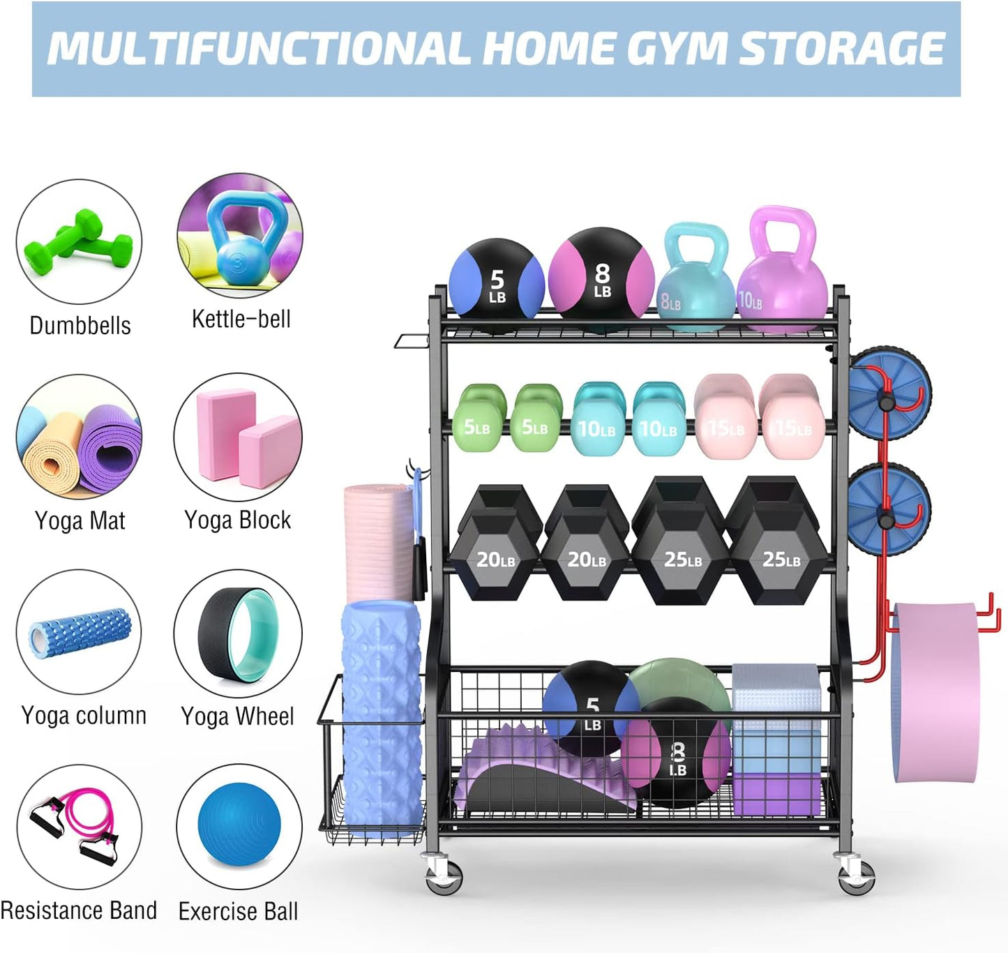 Dumbbell Rack, Weight Rack for Dumbbells, Home Gym Storage for Dumbbells Kettlebells Yoga Mat and Balls, All in One Workout Storage with Wheels and Hooks, Powder Coated Finish Steel