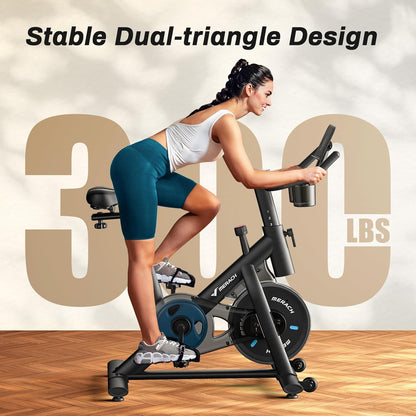 Exercise Bike, Brake Pad Stationary Bike with Exclusive App, Low Noise Indoor Cycling Bike with 300Lbs Weight Capacity, Tablet Mount and Fitness Courses for Weight Loss