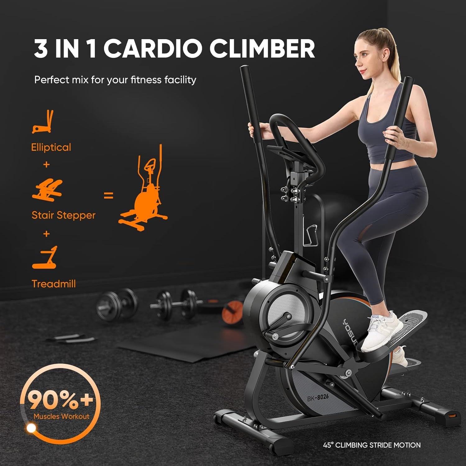 Pro Cardio Climber Stepping Elliptical Machine, 3-In-1 Elliptical Machine Stair Stepper Trainer, Total Body Fitness Cross Trainer with Quiet Magnetic Driving System, 16 Resistance