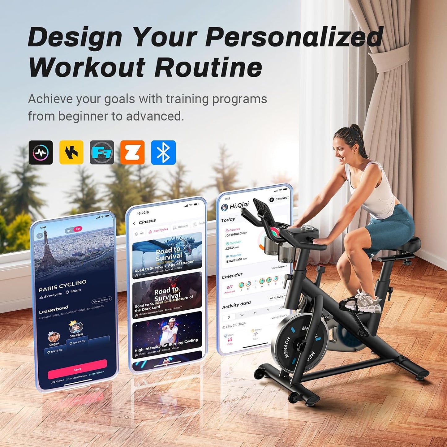 Exercise Bike, Brake Pad Stationary Bike with Exclusive App, Low Noise Indoor Cycling Bike with 300Lbs Weight Capacity, Tablet Mount and Fitness Courses for Weight Loss