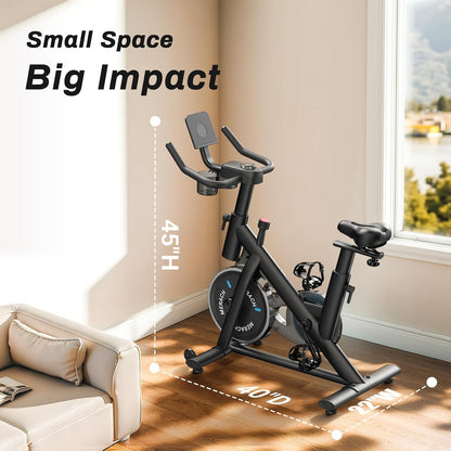 Exercise Bike, Brake Pad Stationary Bike with Exclusive App, Low Noise Indoor Cycling Bike with 300Lbs Weight Capacity, Tablet Mount and Fitness Courses for Weight Loss