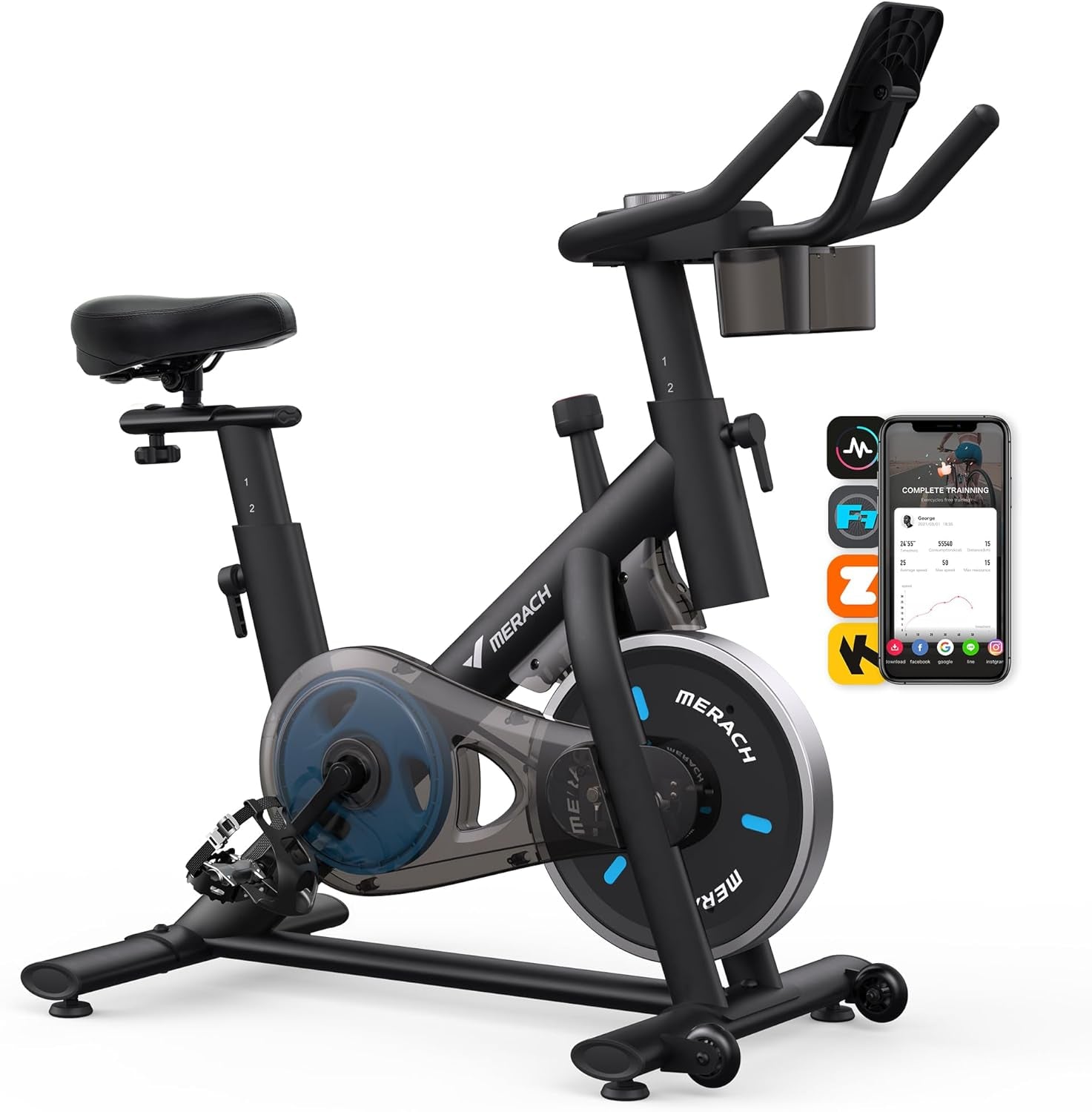 Exercise Bike, Brake Pad Stationary Bike with Exclusive App, Low Noise Indoor Cycling Bike with 300Lbs Weight Capacity, Tablet Mount and Fitness Courses for Weight Loss