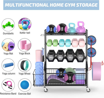 Dumbbell Rack, Weight Rack for Dumbbells, Home Gym Storage for Dumbbells Kettlebells Yoga Mat and Balls, All in One Workout Storage with Wheels and Hooks, Powder Coated Finish Steel