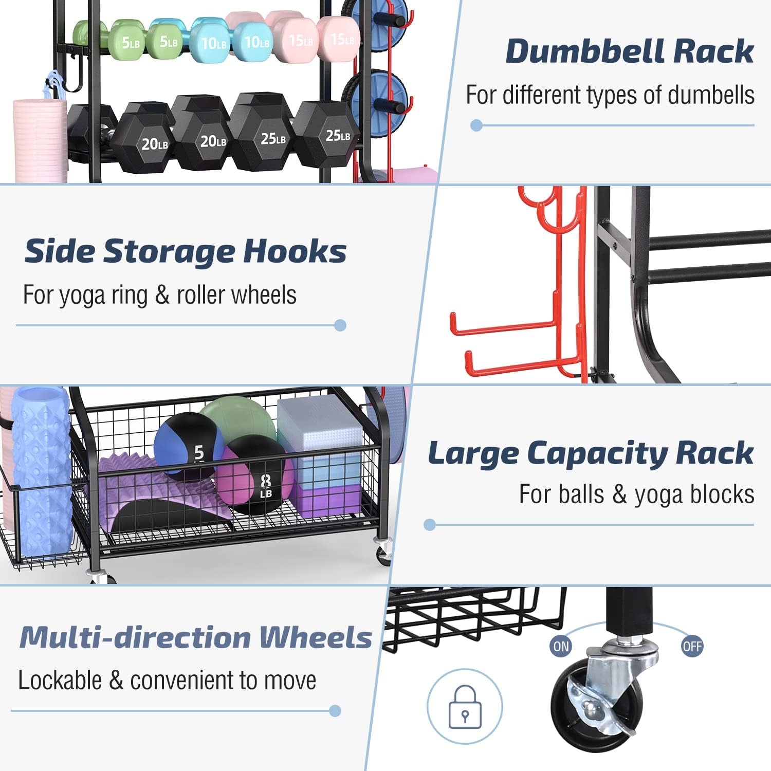 Dumbbell Rack, Weight Rack for Dumbbells, Home Gym Storage for Dumbbells Kettlebells Yoga Mat and Balls, All in One Workout Storage with Wheels and Hooks, Powder Coated Finish Steel