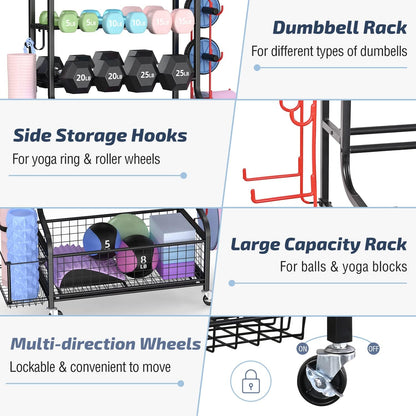 Dumbbell Rack, Weight Rack for Dumbbells, Home Gym Storage for Dumbbells Kettlebells Yoga Mat and Balls, All in One Workout Storage with Wheels and Hooks, Powder Coated Finish Steel