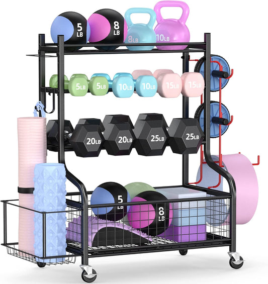 Dumbbell Rack, Weight Rack for Dumbbells, Home Gym Storage for Dumbbells Kettlebells Yoga Mat and Balls, All in One Workout Storage with Wheels and Hooks, Powder Coated Finish Steel