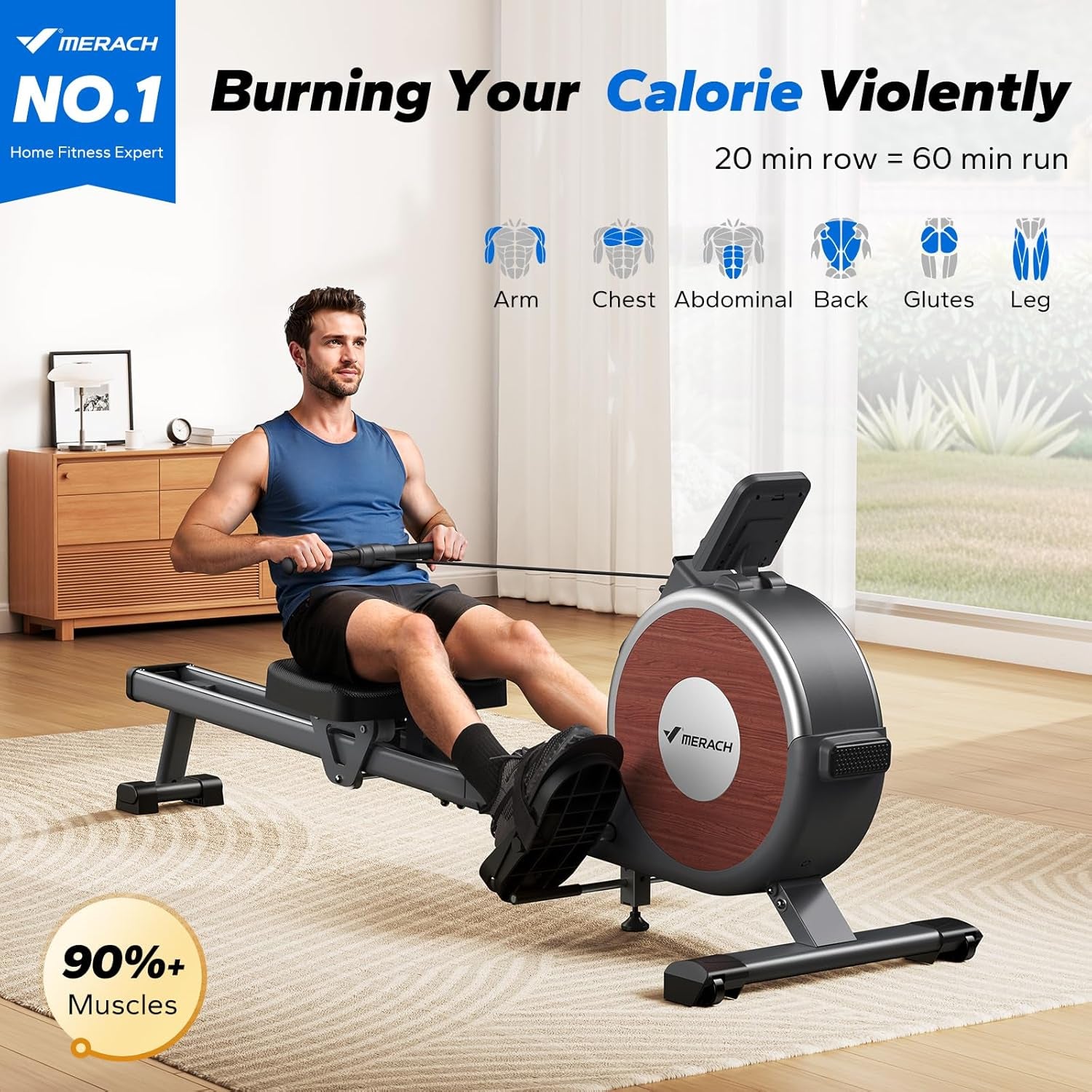 Rowing Machine, Magnetic Rower Machine for Home, 16 Levels of Quiet Resistance, Dual Slide Rail with Max 350Lb Weight Capacity, App Compatible