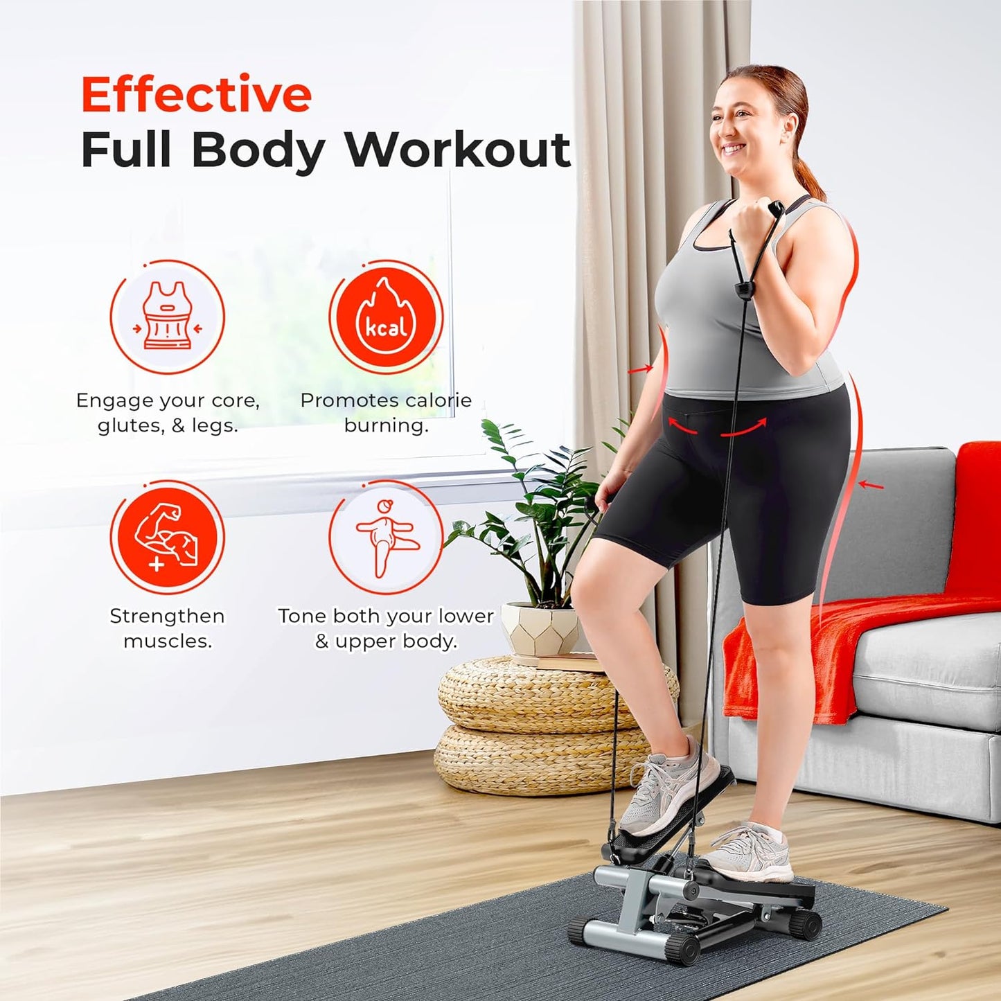 Mini Steppers for Exercise at Home, Stair Step Workout Machine with Optional Resistance Bands, Full Body Cardio Equipment, Optional Free Sunnyfit App Connection Smart Stepper