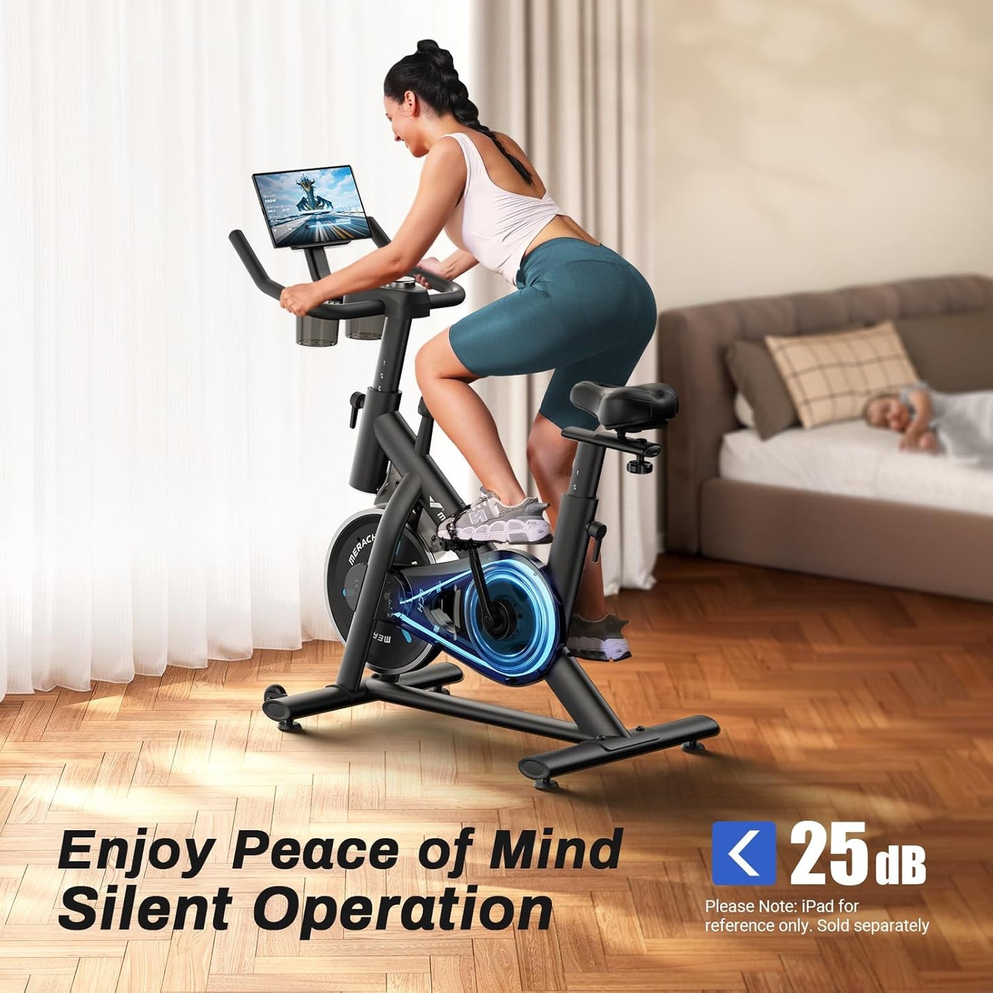 Exercise Bike, Brake Pad Stationary Bike with Exclusive App, Low Noise Indoor Cycling Bike with 300Lbs Weight Capacity, Tablet Mount and Fitness Courses for Weight Loss